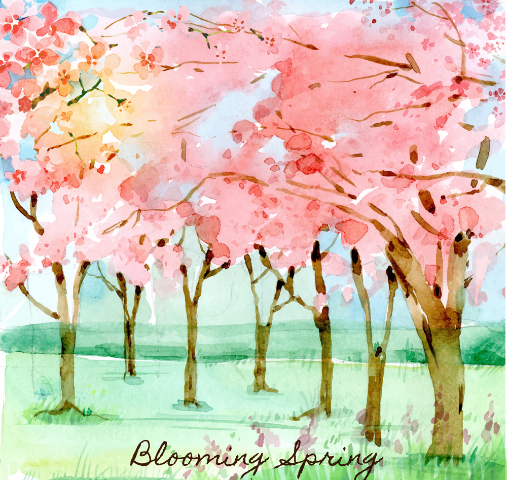 水彩绘粉色樱花树林矢量素材
