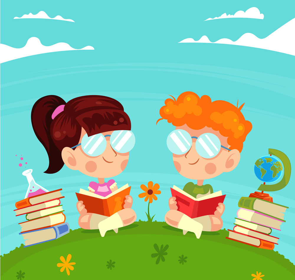 可爱草坪上读书的2个儿童矢量图