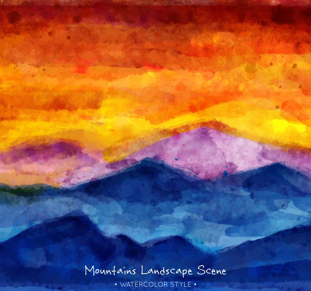水彩绘夕阳下的山脉风景矢量素材