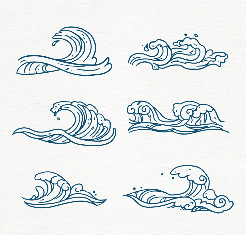 6款手绘蓝色海浪矢量素材