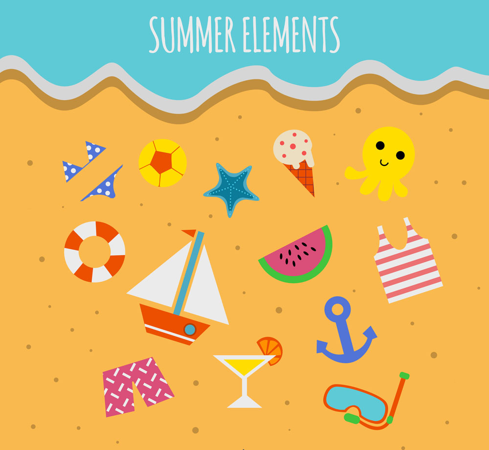 13款彩色沙滩上的夏季元素矢量图