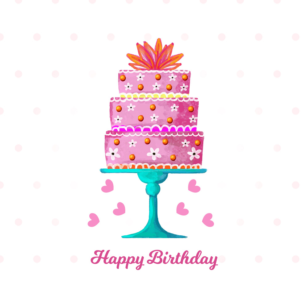 彩绘三层生日蛋糕设计矢量素材