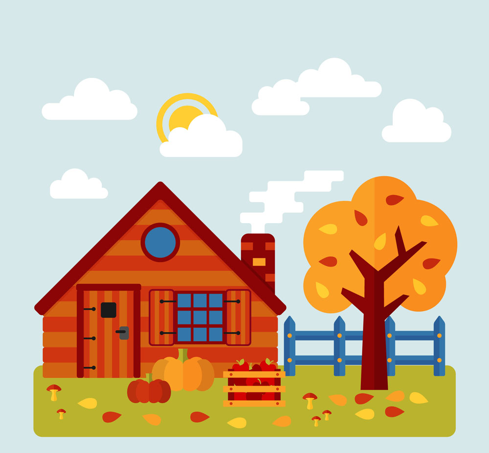 创意秋季小木屋和树木风景矢量图