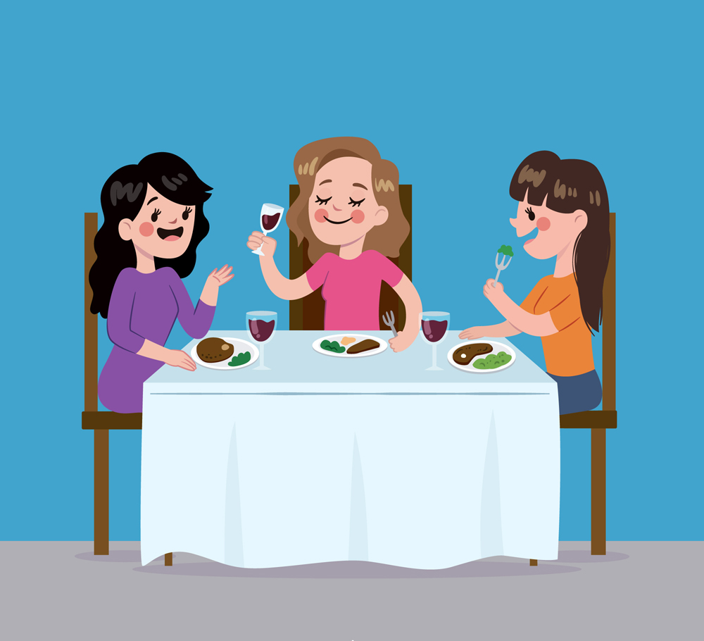 卡通聚餐的3个女子矢量素材