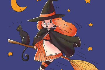 彩绘巫婆和黑猫矢量素材