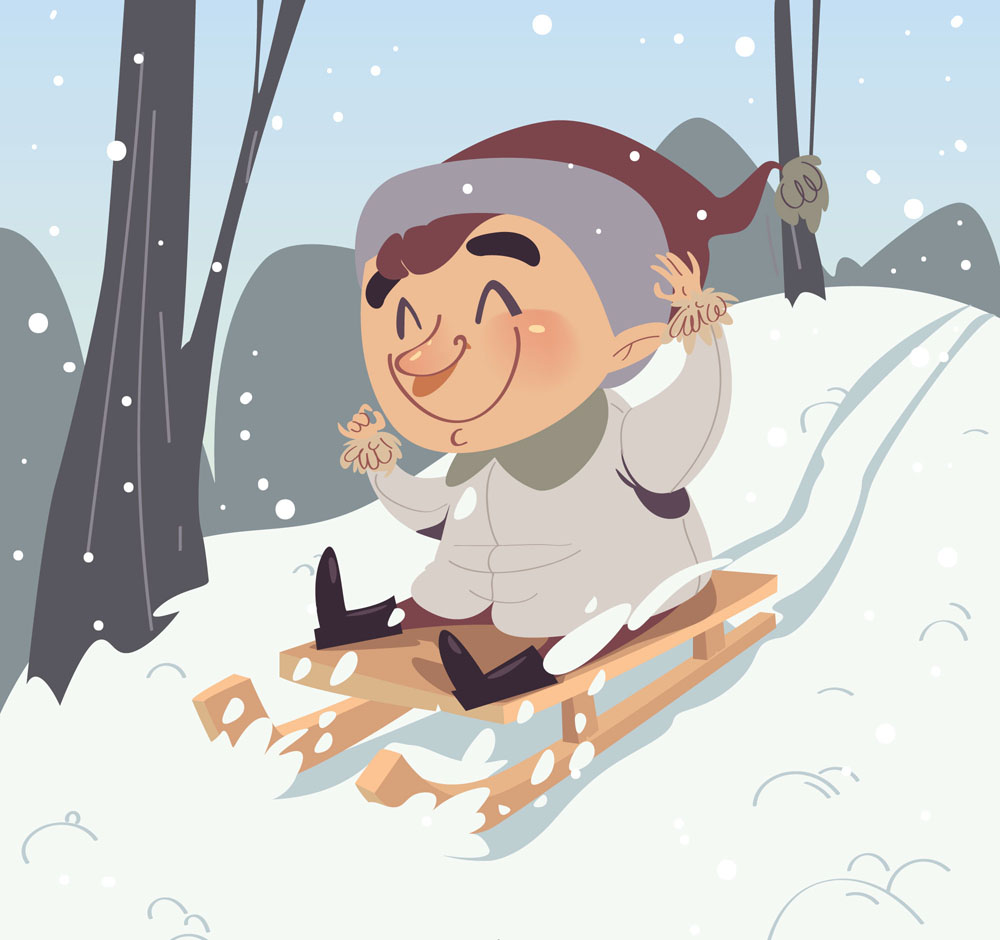 卡通坐雪橇滑雪的男孩矢量素材