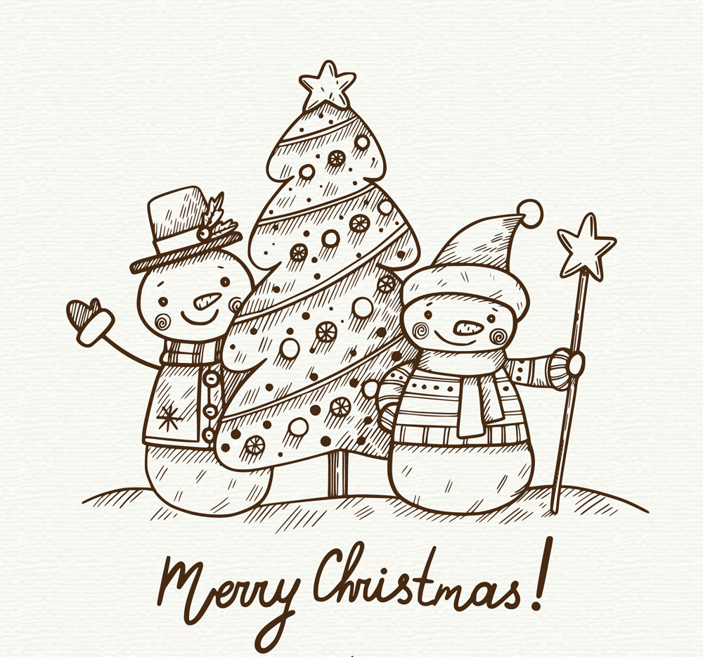创意手绘圣诞树和雪人矢量素材
