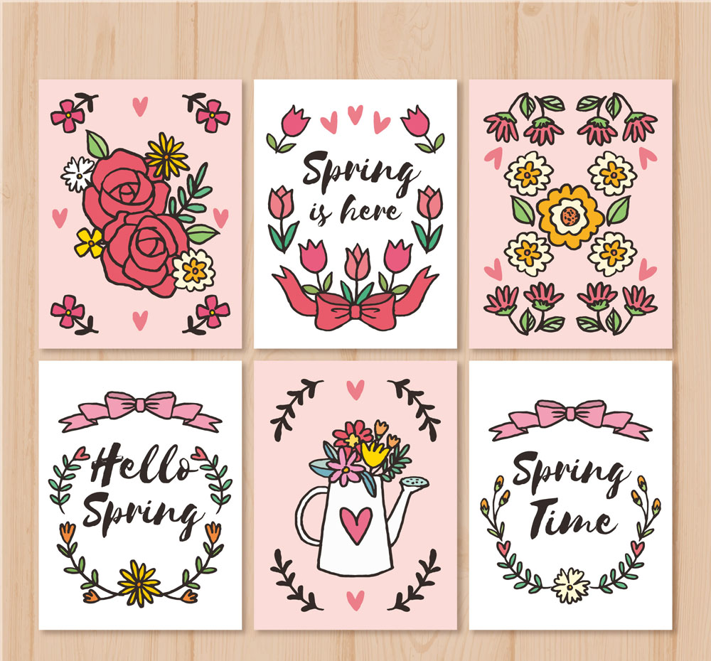 6款彩绘春季花卉卡片矢量素材