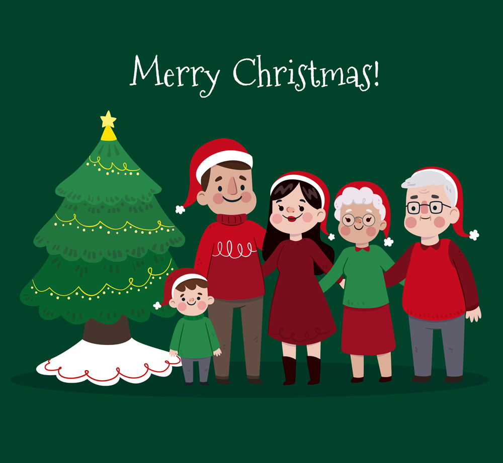 卡通圣诞树旁的五口之家矢量图