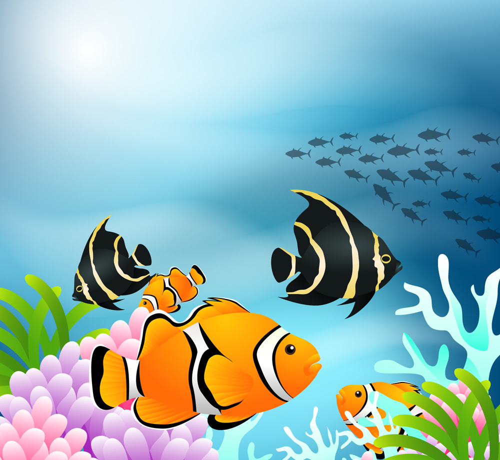 ai格式,含jpg预览图,关键字:创意,海底,大海,珊瑚,水草,鱼群,热带鱼