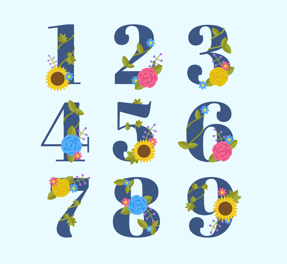 9款彩色花卉数字艺术字矢量图