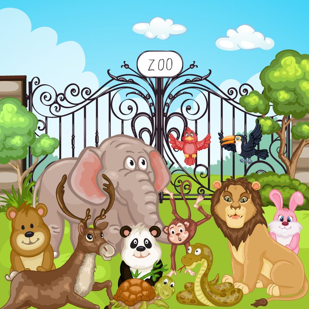 卡通动物园大门和动物矢量素材