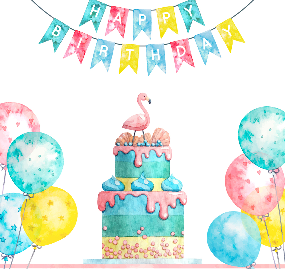 彩色生日派对火烈鸟蛋糕和气球矢量图