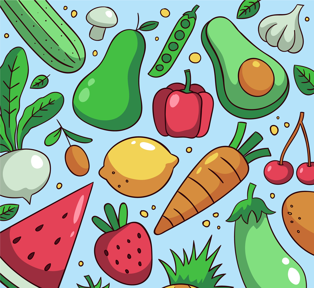 彩色水果蔬菜无缝背景矢量图
