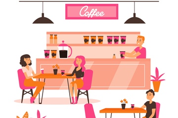 创意粉色咖啡馆内部设计矢量图