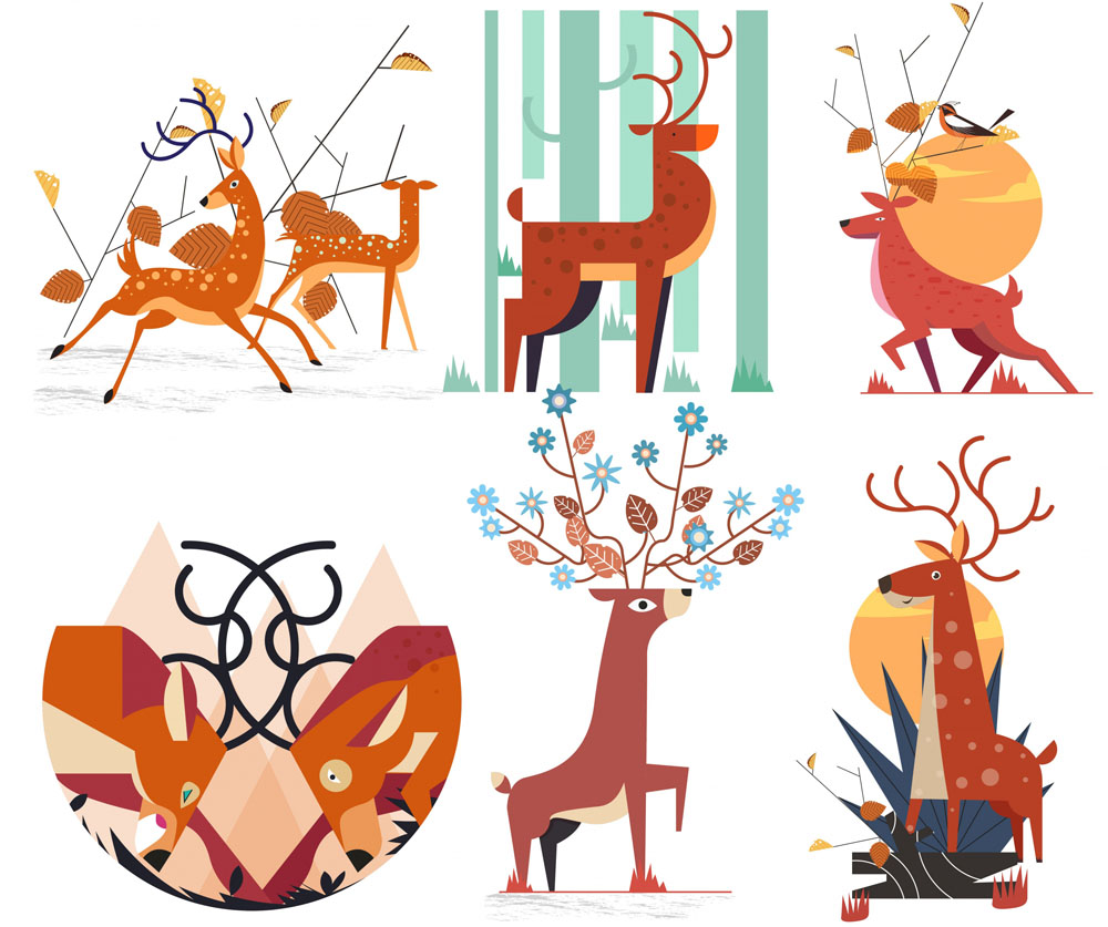 格式,含jpg预览图,关键字:创意,鹿,树木,树林,石头,树叶,鸟,花卉,矢量