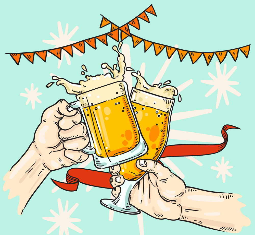 彩绘啤酒节碰杯的手臂矢量图