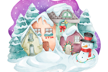 水彩绘雪中的小屋和雪人矢量图