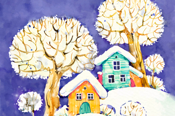 彩绘雪地上的房屋和树木风景矢量