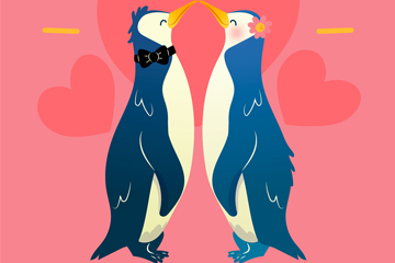 彩绘企鹅情侣和爱心矢量素材